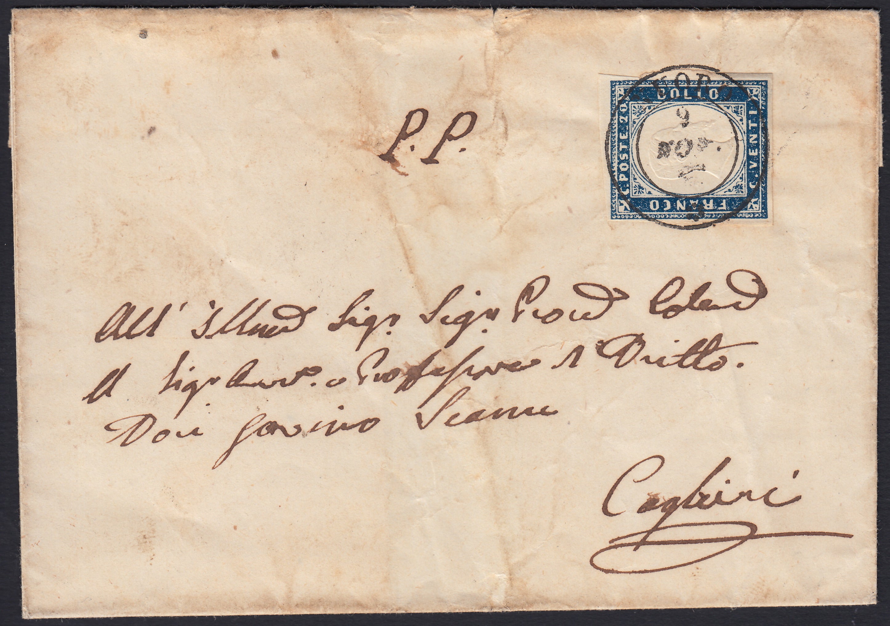 SardSP369 - 1861 - Lettera spedita da Nuoro per Cagliari 9/11/57 affrancata con c. 20 azzurro oltremare I tavola, manoscritto P.P. interessantissimo (15Aa)