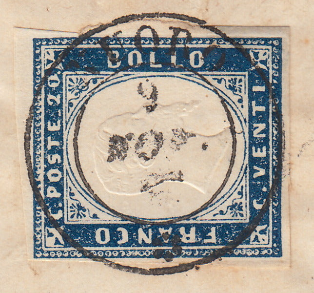 SardSP369 - 1861 - Lettera spedita da Nuoro per Cagliari 9/11/57 affrancata con c. 20 azzurro oltremare I tavola, manoscritto P.P. interessantissimo (15Aa)