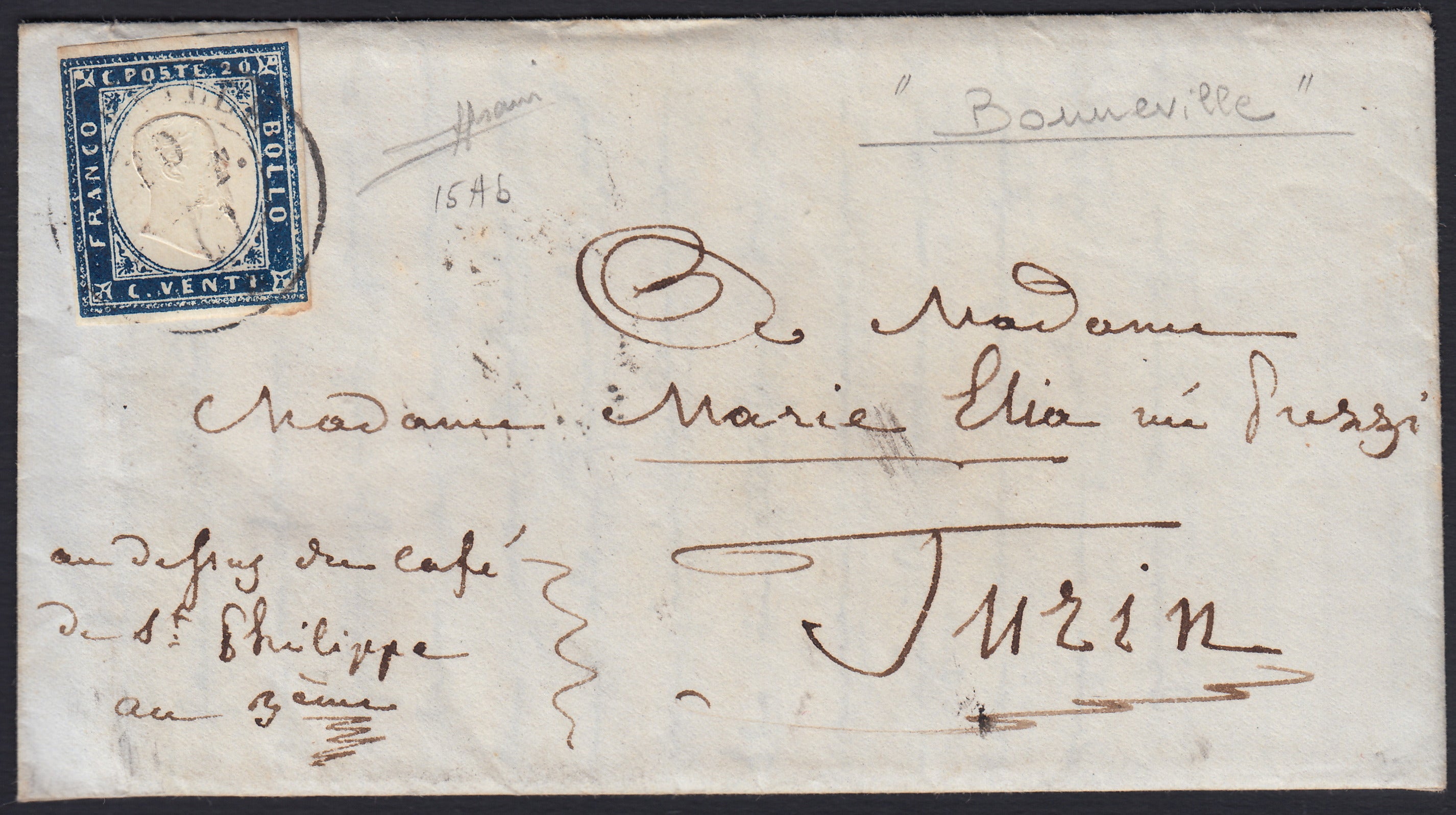 SardSP370 - 1861 - Lettera spedita da Bonneville per Torino 30/9/57 affrancata con c. 20 indaco I tavola (15Ab)