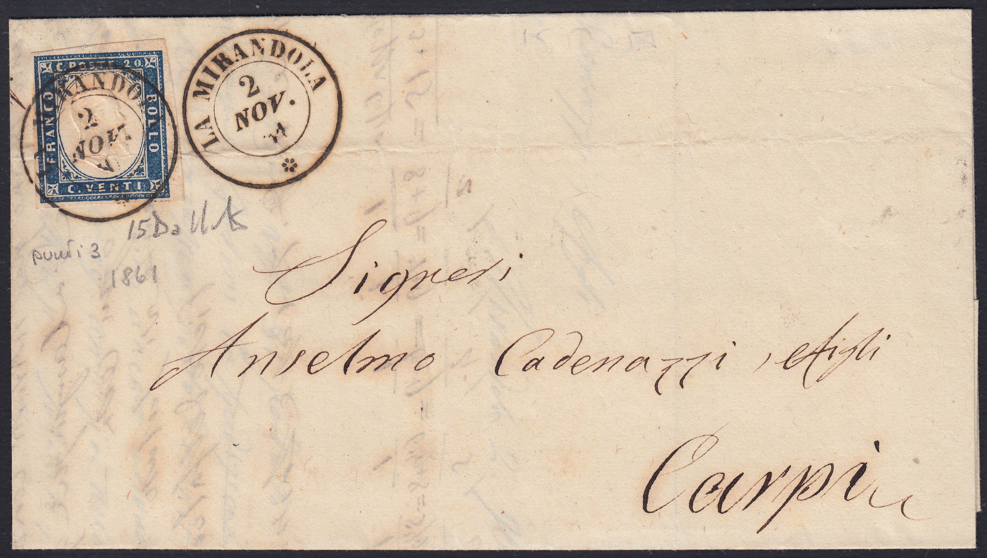 SardSP371 - 1861 - Lettera spedita da La Mirandola per Carpi 2/11/61 affrancata con c. 20 Celeste II tavola (15Da)