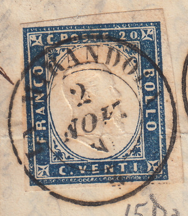 SardSP371 - 1861 - Lettera spedita da La Mirandola per Carpi 2/11/61 affrancata con c. 20 Celeste II tavola (15Da)