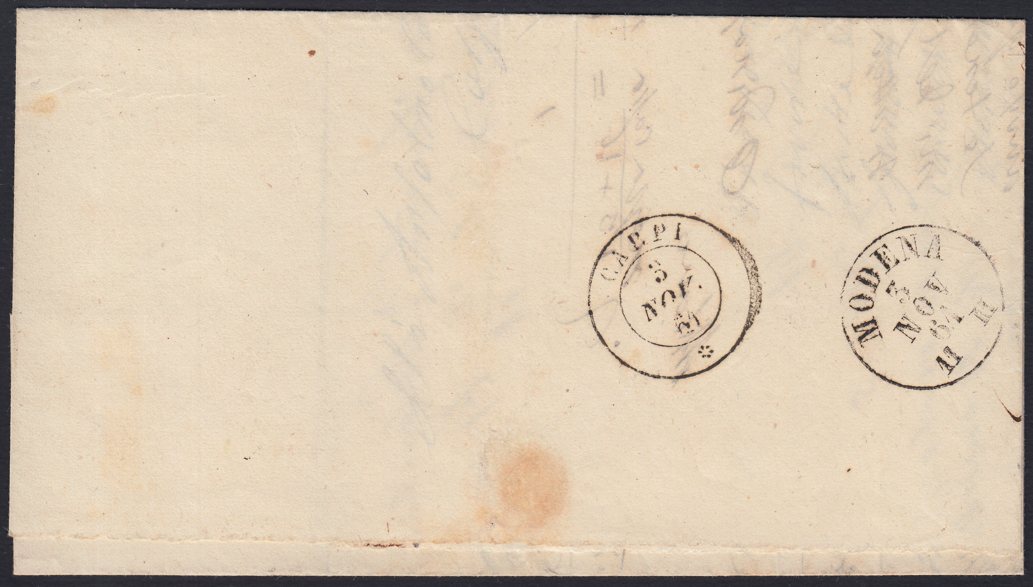 SardSP371 - 1861 - Lettera spedita da La Mirandola per Carpi 2/11/61 affrancata con c. 20 Celeste II tavola (15Da)