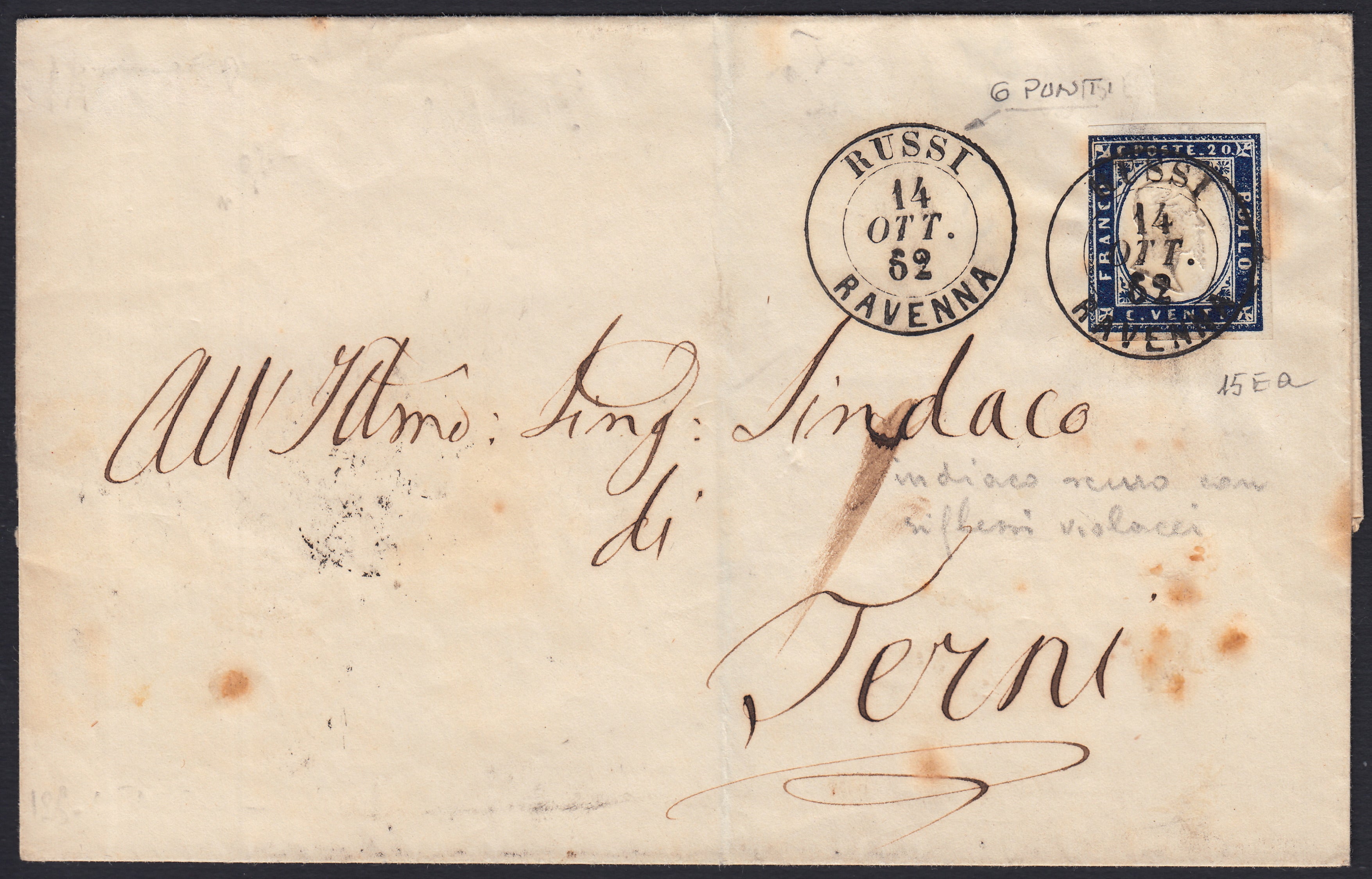 SardSP372 - 1862 - Lettera spedita da Russi (Ravenna) per Terni 14/10/62 affrancata con c. 20 indaco violaceo scuro II tavola (15Ea)