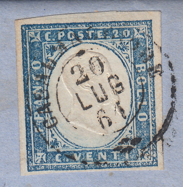 SardSP374 - 1861 - Lettera spedita da Casalmaggiore per Mantova 20/7/61 affrancata con c. 20 celeste grigiastro chiaro II tavola (15Dba)