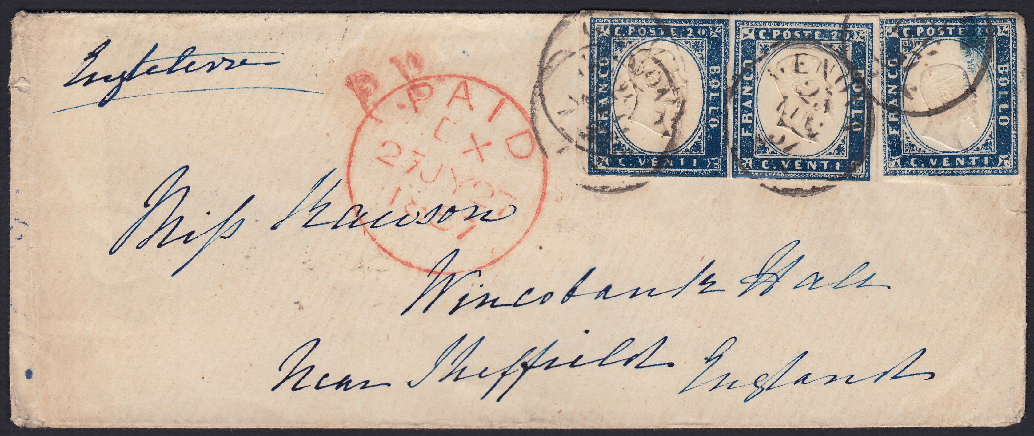 SardSP381 - 1857 - Lettera spedita da Genova per Sheffield 23/7/57 affrancata con c. 20 indaco I tavola tre esemplari (15Ab)