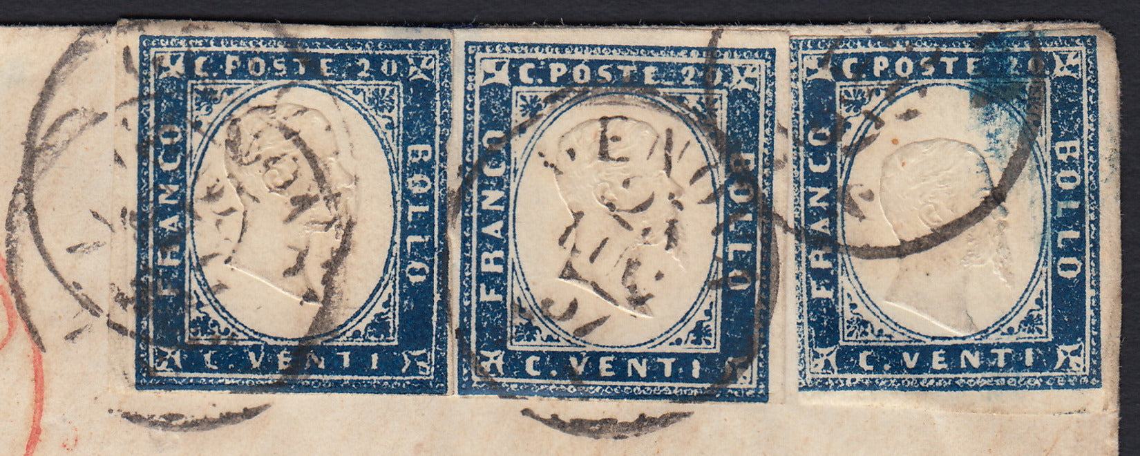 SardSP381 - 1857 - Lettera spedita da Genova per Sheffield 23/7/57 affrancata con c. 20 indaco I tavola tre esemplari (15Ab)