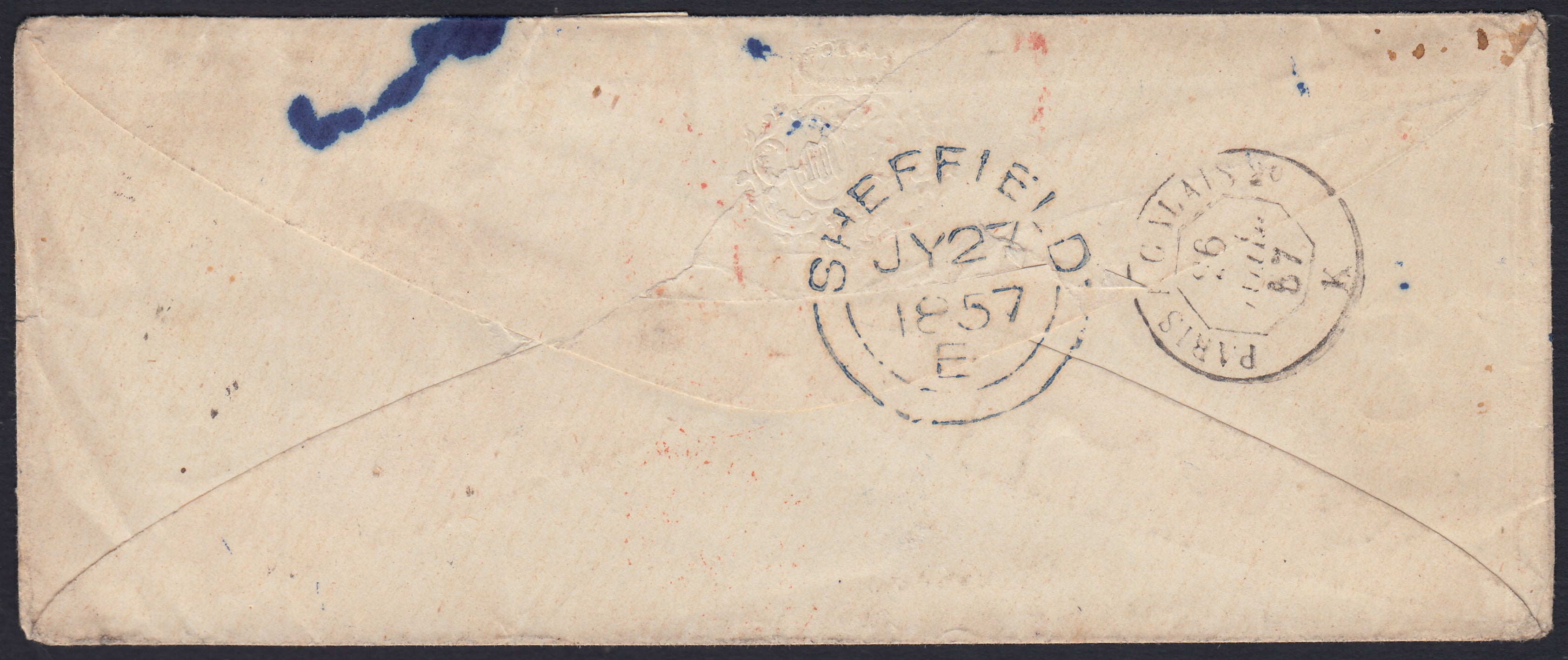 SardSP381 - 1857 - Lettera spedita da Genova per Sheffield 23/7/57 affrancata con c. 20 indaco I tavola tre esemplari (15Ab)