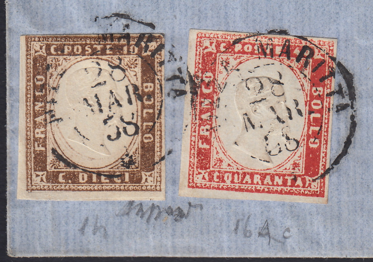 SardSP383 - 1858 - Lettera spedita da Nizza Marittima per Toulon 28/3/58 affrancata con c. 10 terra d'ombra I tavola + c. 40 vermiglio arancio scuro (14 + 16Ac)