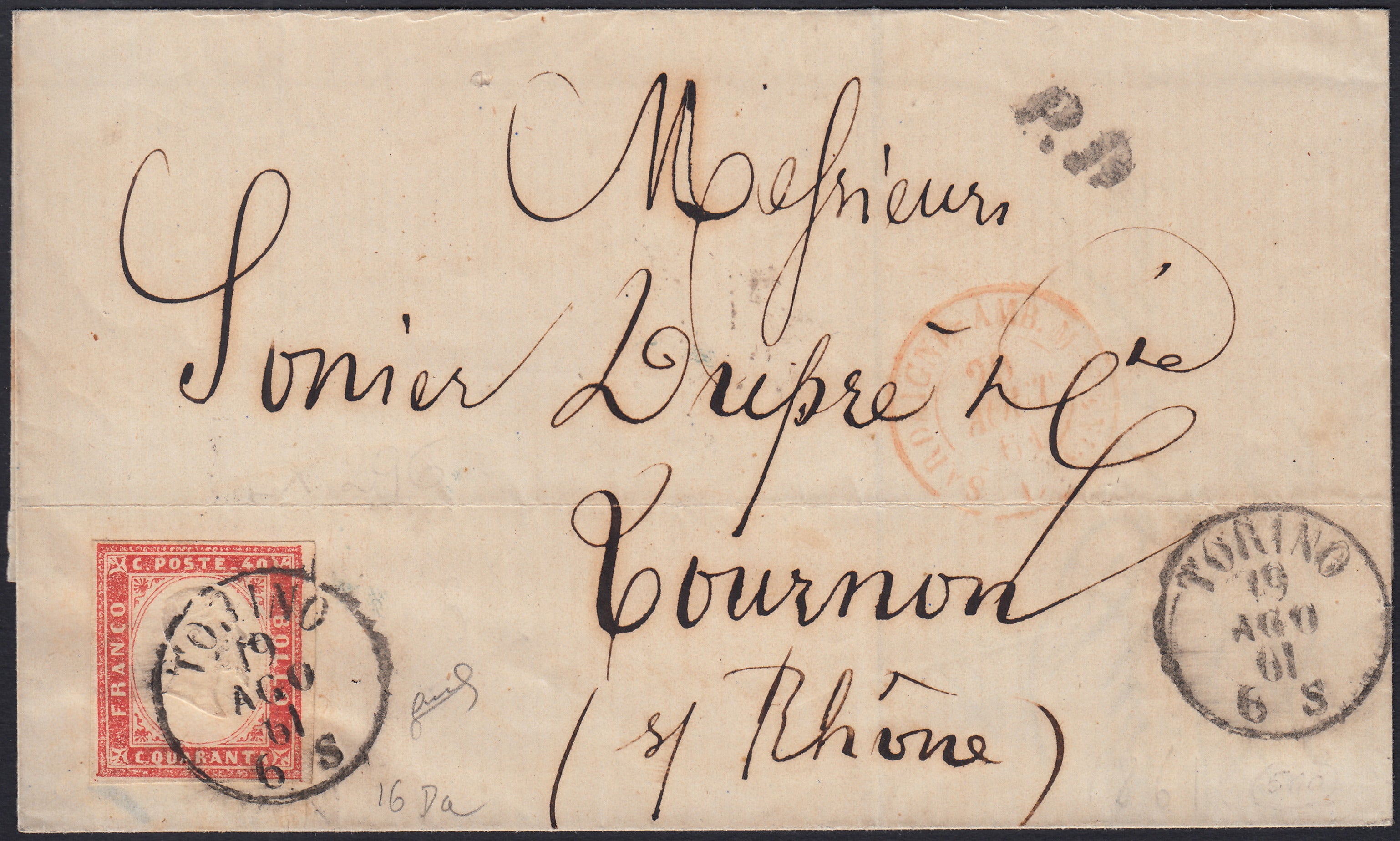 SardSP392 - 1861 - Lettera spedita da Torino per Tournon (Francia) 19/8/61 affrancata con c. 40 rosso vermiglio stampa povera (16Da)