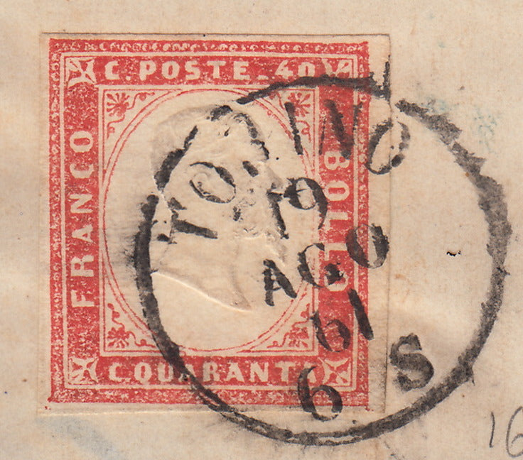SardSP392 - 1861 - Lettera spedita da Torino per Tournon (Francia) 19/8/61 affrancata con c. 40 rosso vermiglio stampa povera (16Da)