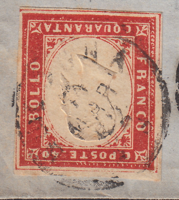 SardSP394 - 1862 - Lettera spedita da Bologna per Perpignano 11/3/62 affrancata con c. 40 rosso vermiglio posizione n. 12 del foglio (16Da)