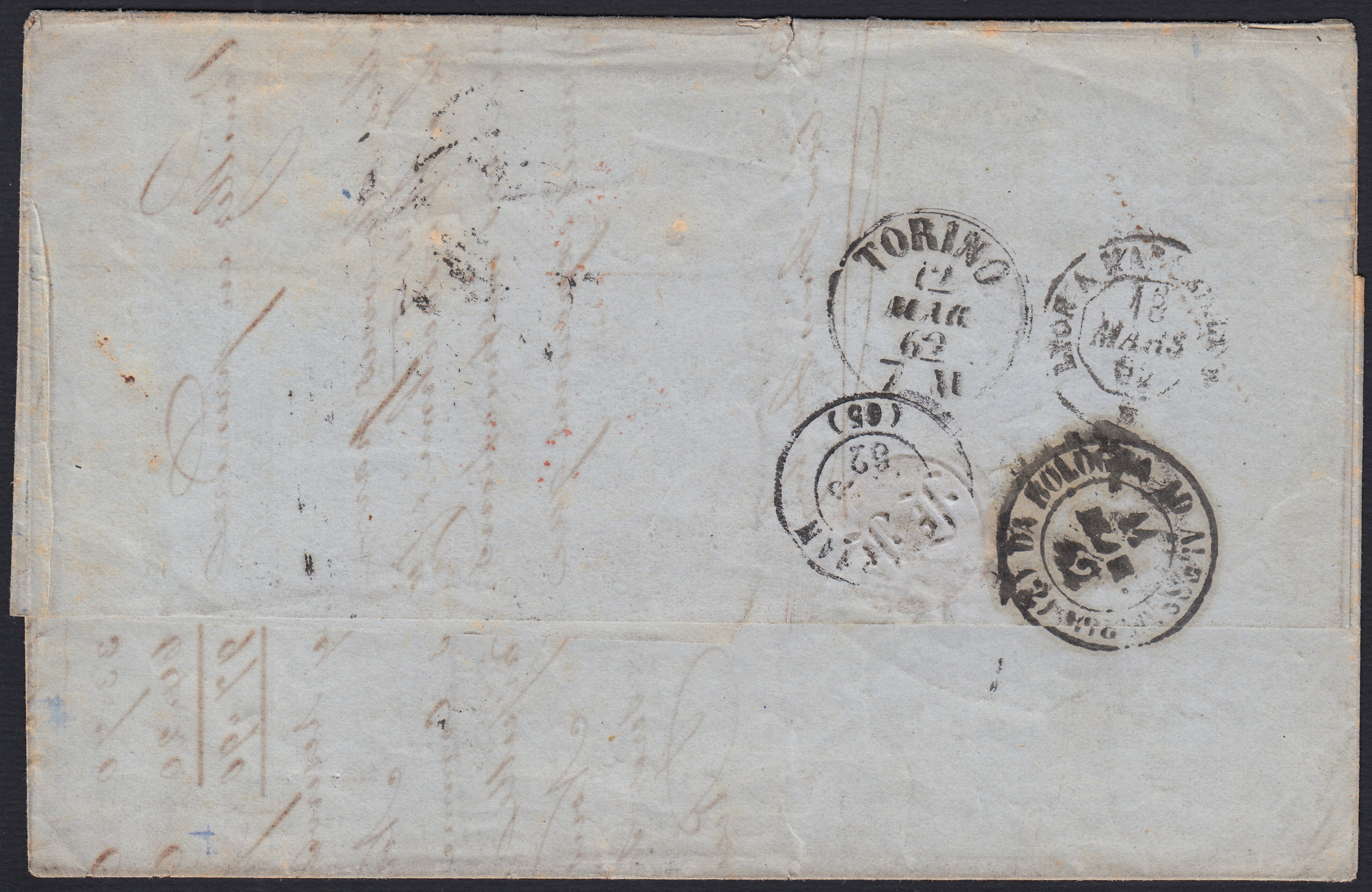 SardSP394 - 1862 - Lettera spedita da Bologna per Perpignano 11/3/62 affrancata con c. 40 rosso vermiglio posizione n. 12 del foglio (16Da)