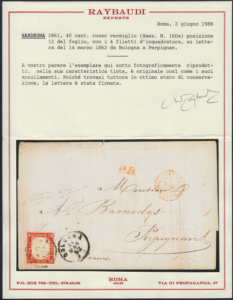 SardSP394 - 1862 - Lettera spedita da Bologna per Perpignano 11/3/62 affrancata con c. 40 rosso vermiglio posizione n. 12 del foglio (16Da)