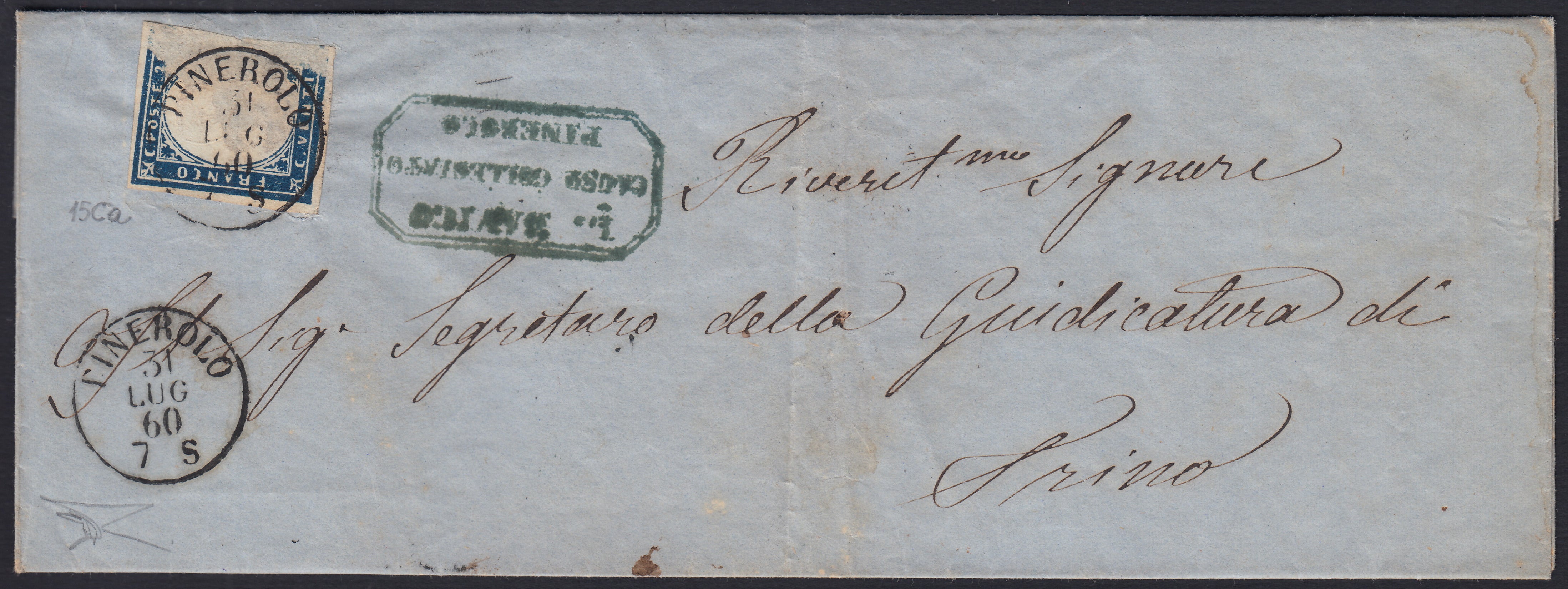 SardSP395 - 1860 - Lettera spedita da Pinerolo per Trino 31/7/60 affrancata con c. 20 azzurro I tavola, usato in frode postale (15Ca)
