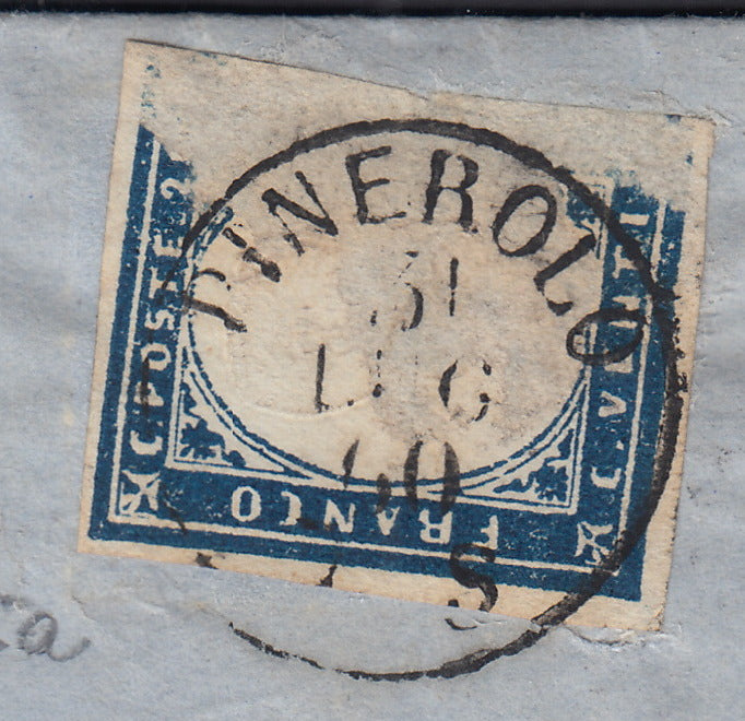 SardSP395 - 1860 - Lettera spedita da Pinerolo per Trino 31/7/60 affrancata con c. 20 azzurro I tavola, usato in frode postale (15Ca)