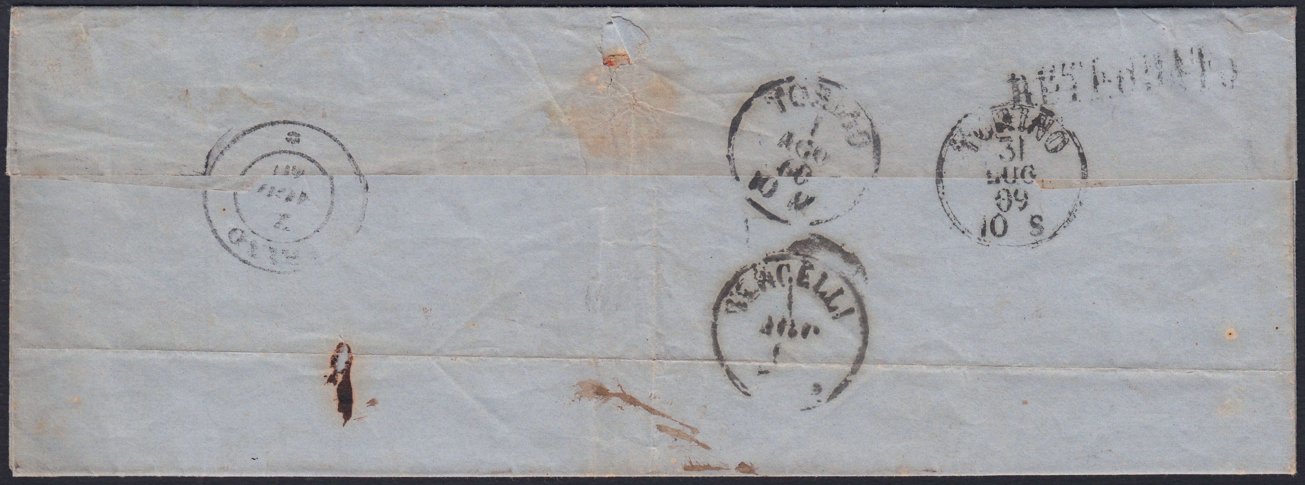 SardSP395 - 1860 - Lettera spedita da Pinerolo per Trino 31/7/60 affrancata con c. 20 azzurro I tavola, usato in frode postale (15Ca)