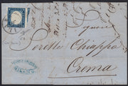 SardSP397 - 1859 - Lettera spedita da Milano per Crema 16/7/59 affrancata con c. 20 azzurro scuro I tavola, periodo di Governo Provvisorio di Lombardia (15B, C3)