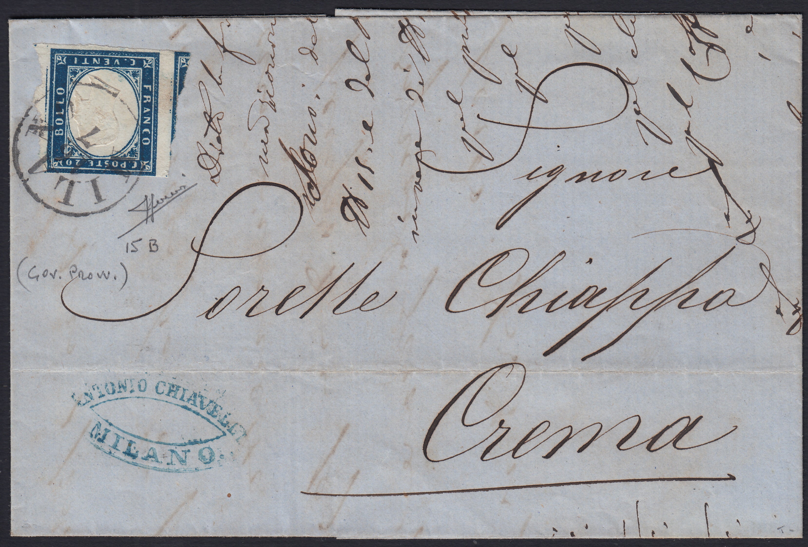SardSP397 - 1859 - Lettera spedita da Milano per Crema 16/7/59 affrancata con c. 20 azzurro scuro I tavola, periodo di Governo Provvisorio di Lombardia (15B, C3)