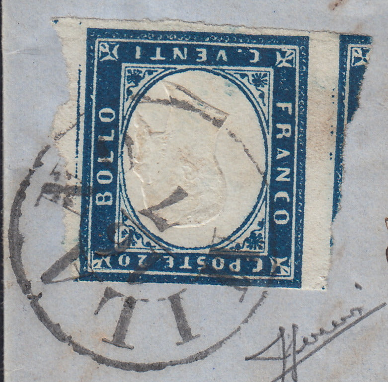 SardSP397 - 1859 - Lettera spedita da Milano per Crema 16/7/59 affrancata con c. 20 azzurro scuro I tavola, periodo di Governo Provvisorio di Lombardia (15B, C3)