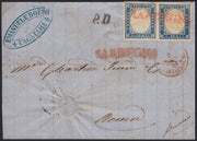 SardSP398 - 1861 - Lettera spedita da Cagliari per Rouen 7/11/61 affrancata con c. 20 azzurro oltremare coppia orizzontale obliterata a Genova con il lineare rosso SARDEGNA (15Dc, p.ti 8)