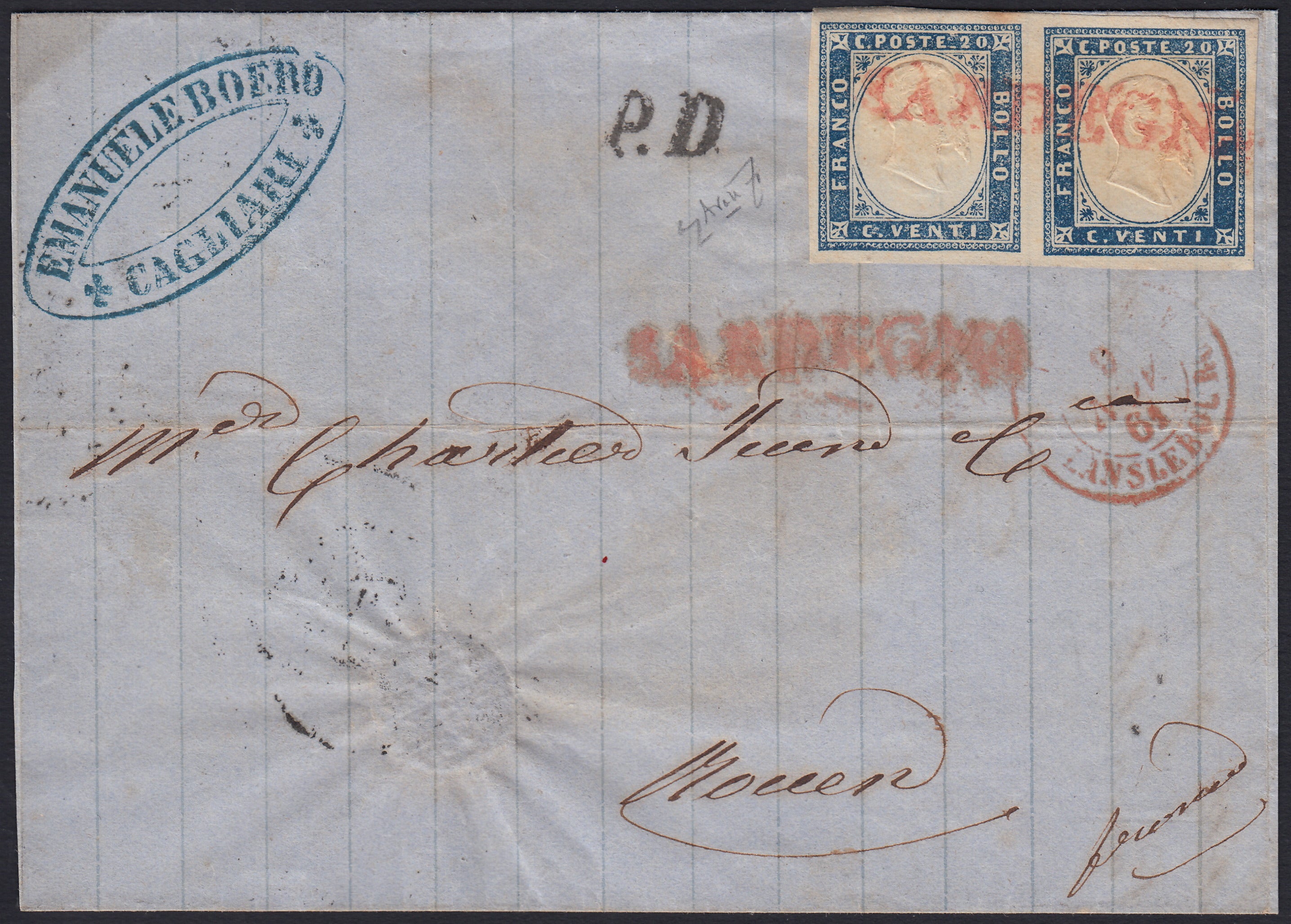 SardSP398 - 1861 - Lettera spedita da Cagliari per Rouen 7/11/61 affrancata con c. 20 azzurro oltremare coppia orizzontale obliterata a Genova con il lineare rosso SARDEGNA (15Dc, p.ti 8)