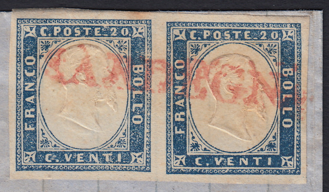 SardSP398 - 1861 - Lettera spedita da Cagliari per Rouen 7/11/61 affrancata con c. 20 azzurro oltremare coppia orizzontale obliterata a Genova con il lineare rosso SARDEGNA (15Dc, p.ti 8)