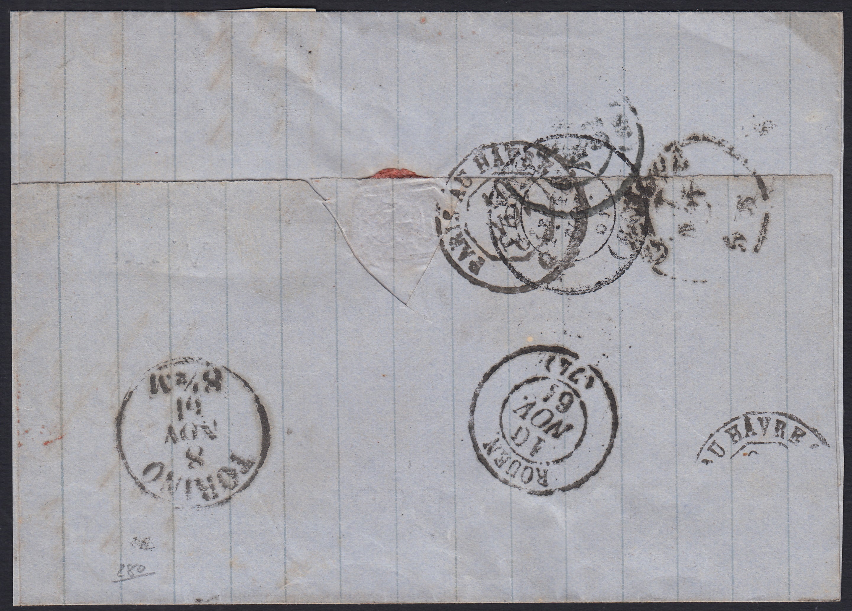 SardSP398 - 1861 - Lettera spedita da Cagliari per Rouen 7/11/61 affrancata con c. 20 azzurro oltremare coppia orizzontale obliterata a Genova con il lineare rosso SARDEGNA (15Dc, p.ti 8)