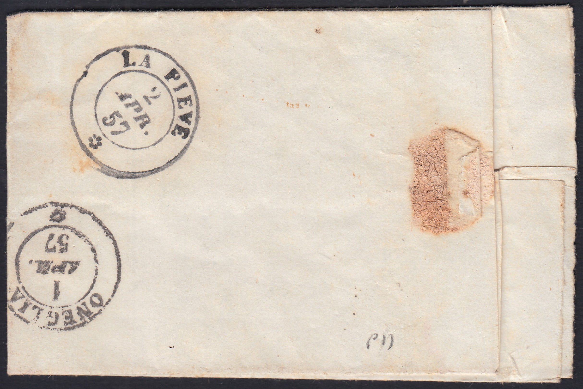 SardSP404 - 1857 - Lettera spedita da Bagnasco per La Pieve 1/4/57 affrancata con c. 20 cobalto chiaro I tavola, annullo in arrivo + tratti di penna (15a, p.ti 10)
