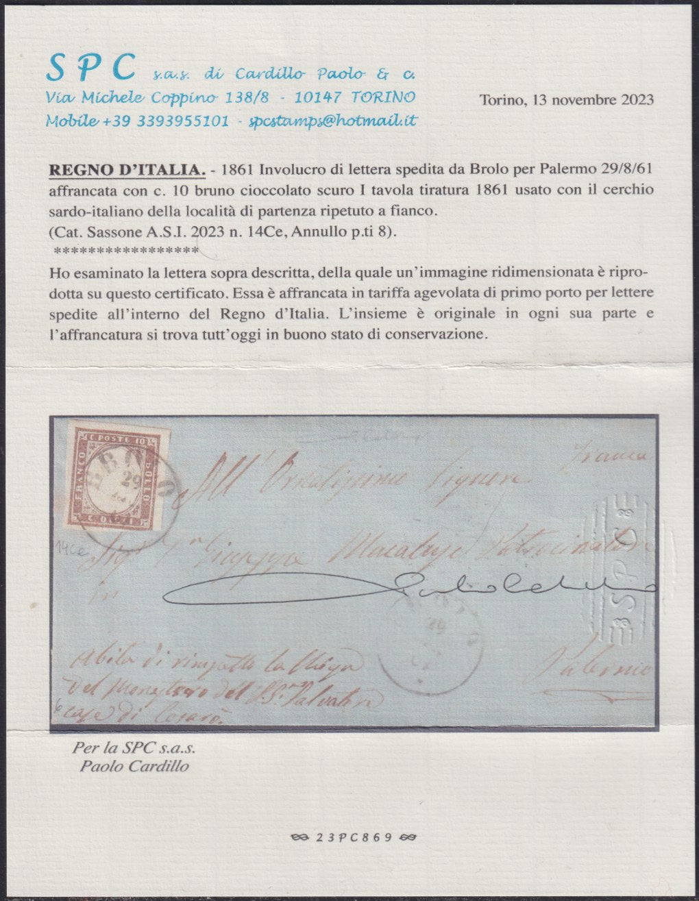 163 - 1861 - Carta enviada por Brolo a Palermo el 29/8/61 franqueada con c. 10 mesa marrón chocolate oscuro I, color raro (14Ce). 