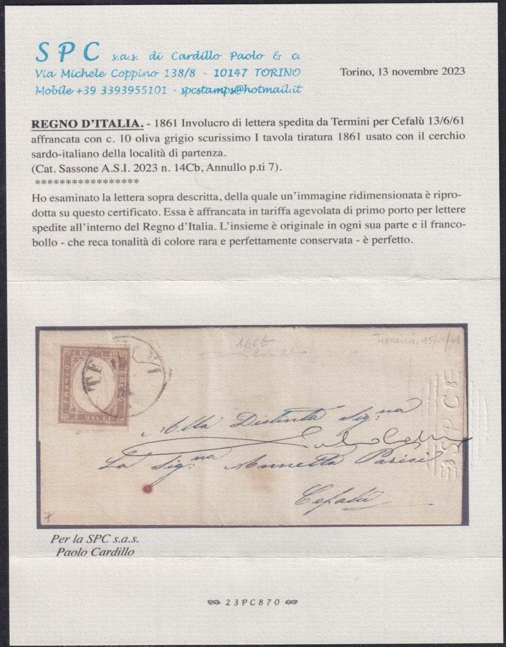 164 - 1861 - Carta enviada desde Termini a Cefalú el 15/6/61 franqueada con c. 10 plato I oliva gris muy oscuro, color raro (14Cb). 