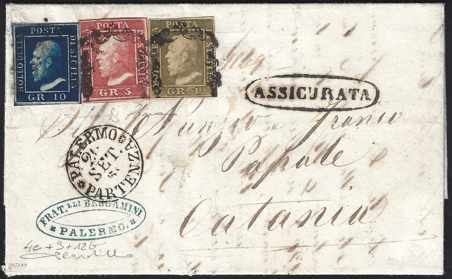 SICSP18 - 1861 - Carta enviada desde Termini a Cefalú el 15/6/61 franqueada con c. 10 plato I oliva gris muy oscuro, color raro (14Cb). 