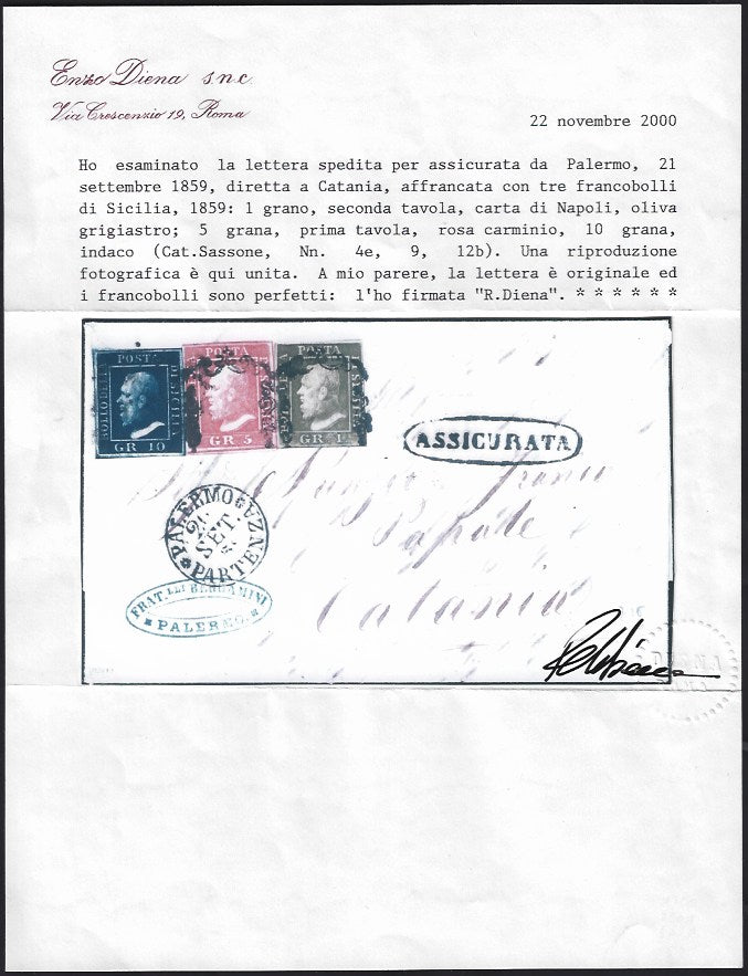 SICSP18 - 1861 - Lettera spedita da Termini per Cefalù 15/6/61 affrancata con c. 10 oliva grigio scurissimo I tavola, raro colore (14Cb).