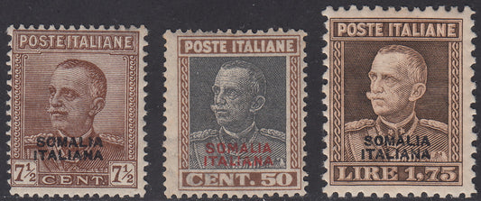SOM20 - 1928 - Francobolli tipo Parmeggiani soprastampati SOMALIA ITALIANA, serie di tre valori nuovi con gmma originale (116/118)