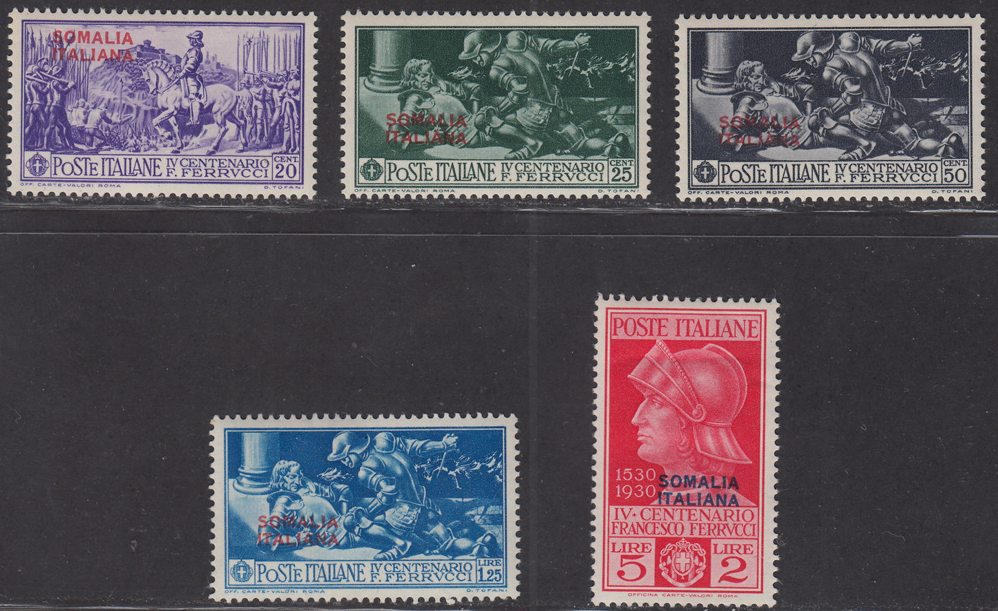 SOM28 - 1930 - Ferrucci, stamps in changed colors and overprinted SOMALIA ITALIANA, complete set new original rubber (133/137) 