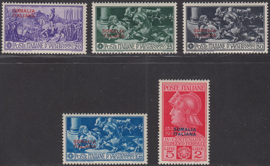 SOM29 - 1930 - Ferrucci, francobolli in colori cambiati e soprastampati SOMALIA ITALIANA, serie completa nuova gomma integra (133/137)