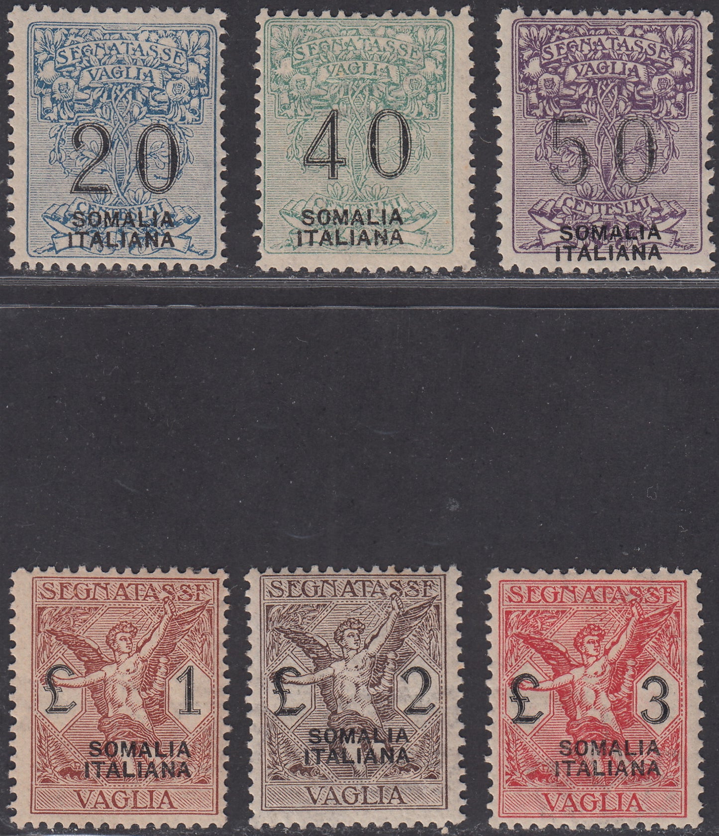 SOM34 - 1926 - Postmarks for Kingdom money orders, overprinted SOMALIA ITALIANA, complete new series with original rubber (7/12)