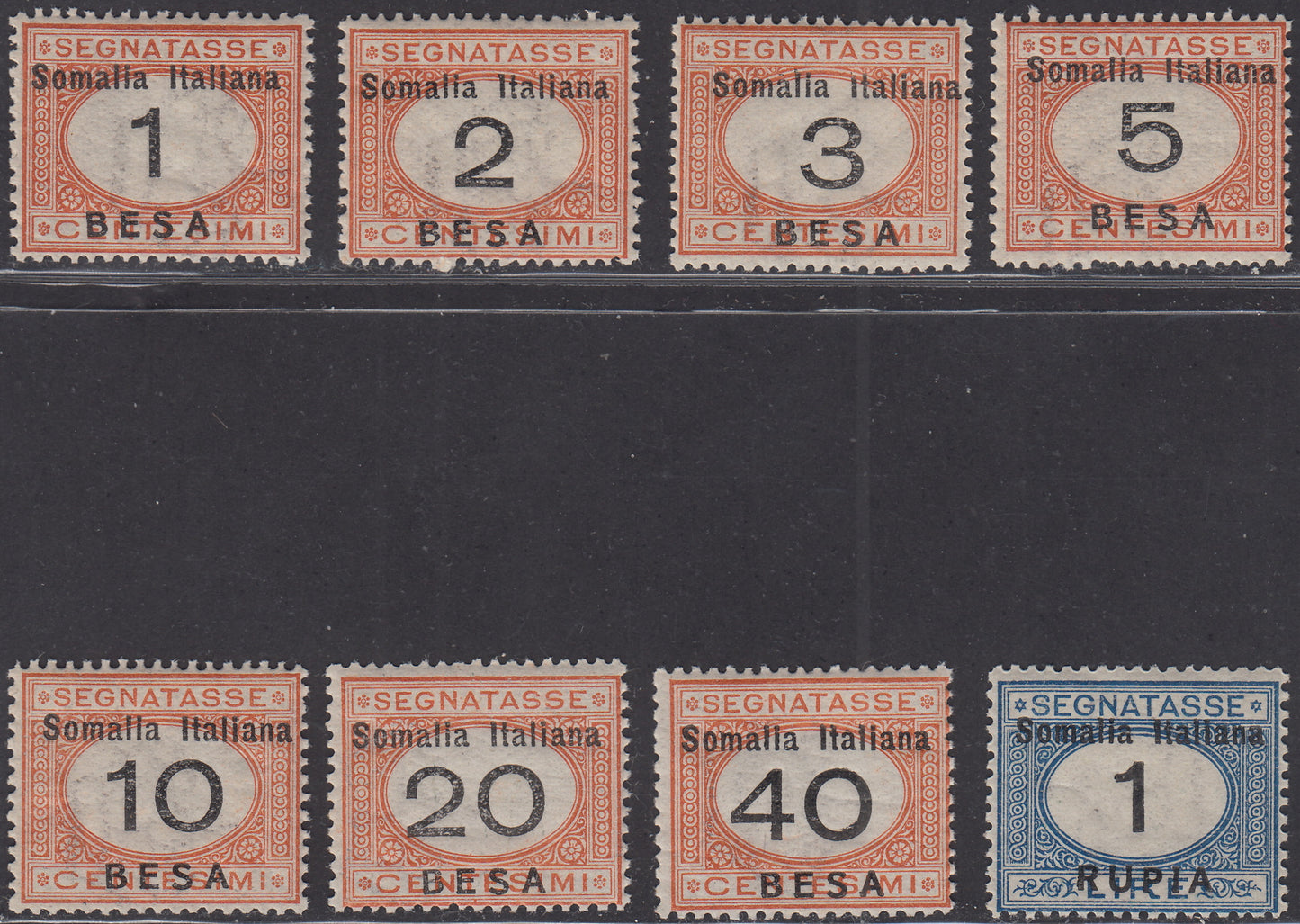 SOM38 - 1923 - Segnatasse di Regno soprastampate SOMALIA ITALIANA e valore in Besa e Rupie serie completa nuova con gomma integra (33/40)