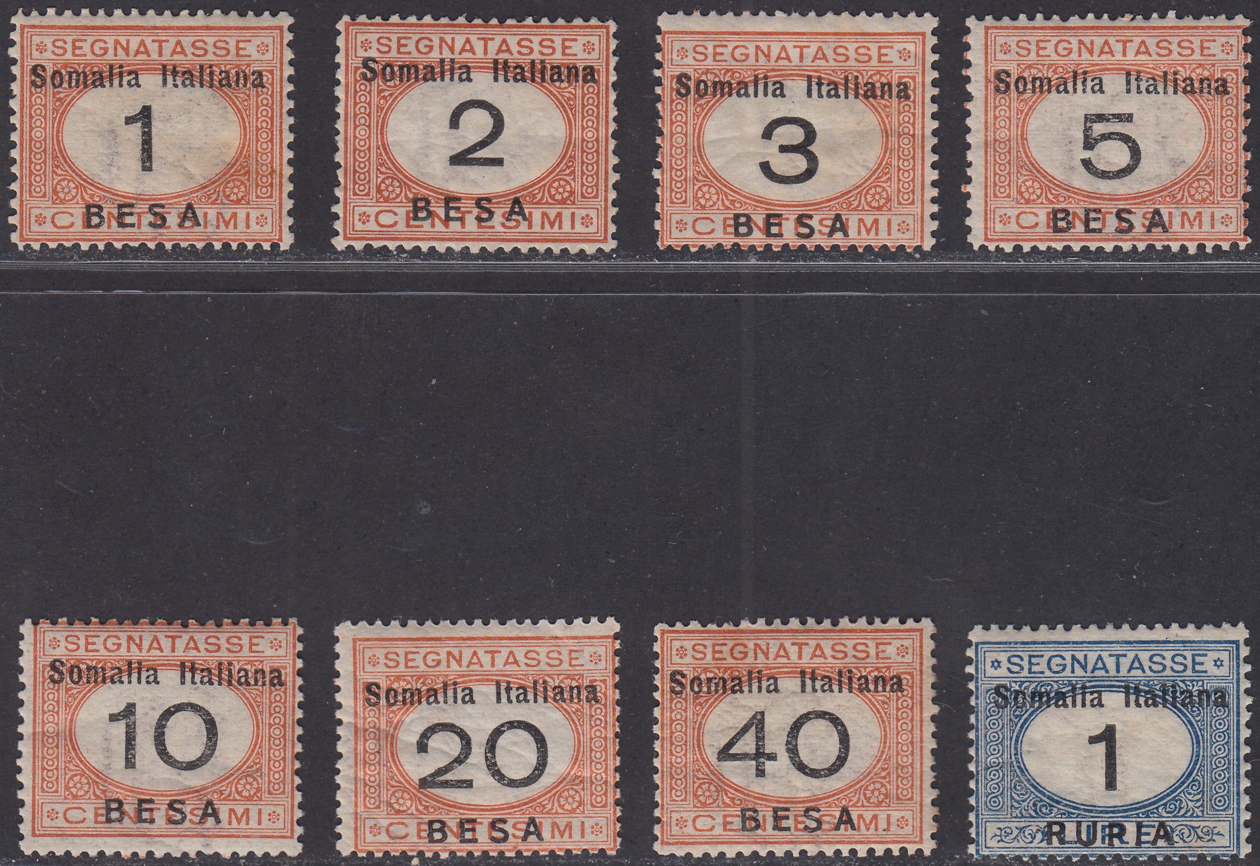 SOM39 - 1923 - Segnatasse di Regno soprastampate SOMALIA ITALIANA e valore in Besa e Rupie serie completa nuova con gomma originale (33/40)