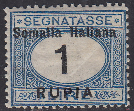 SOM48 - 1923 - Kingdom tax stamps overprinted ITALIAN SOMALIA and value in Rupees, 1 new blue and black Rupee with original rubber and decal of the overprint (40b)