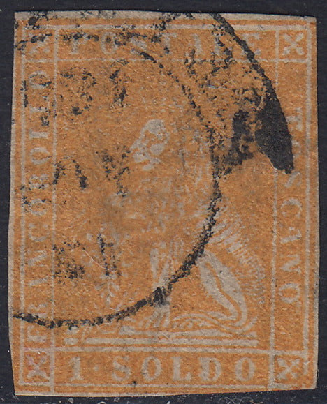 T101 - 1857 - Leone di Marzocco, 1 soldo ocra su carta bianca e filigrana linee ondulate, usato (11)