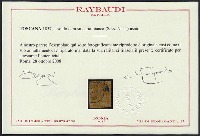 T101 - 1857 - Leone di Marzocco, 1 soldo ocra su carta bianca e filigrana linee ondulate, usato (11)