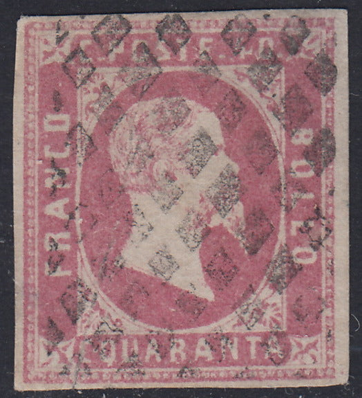 T112 - 1851 - Effigy of Vittorio Emanuele II facing right, 1st issue c. 40 lilac pink (3d) used with diamond mute