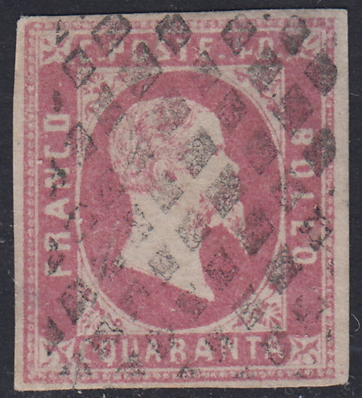 T112 - 1851 - Effigie di Vittorio Emanuele II volta a destra, I emissione c. 40 rosa lilla (3d) usato con muto a rombi