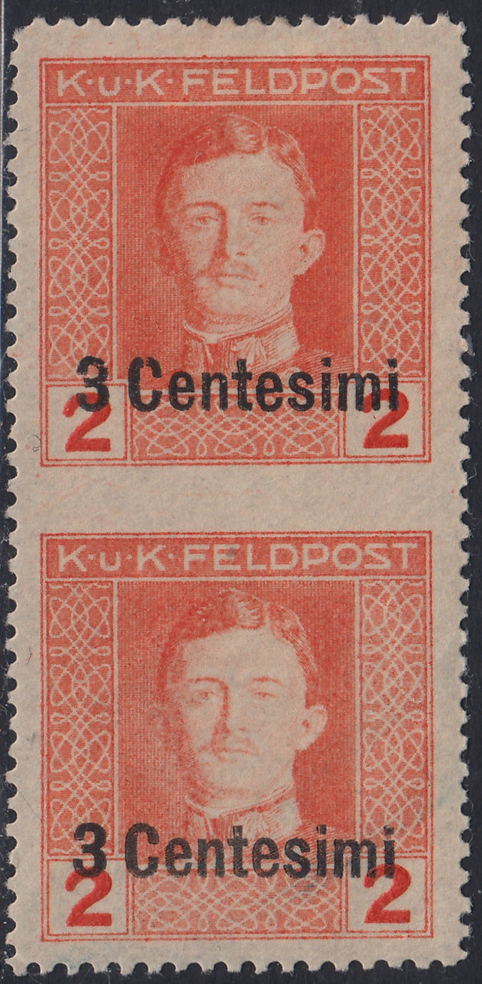 A04 - 1918 - Austrian occupation of Friuli and Veneto, overprinted Austrian stamps, c.22 out of 20 brown perforation 11 1/2 instead of 12 1/2, new block of four copies with intact gum (9aa) 