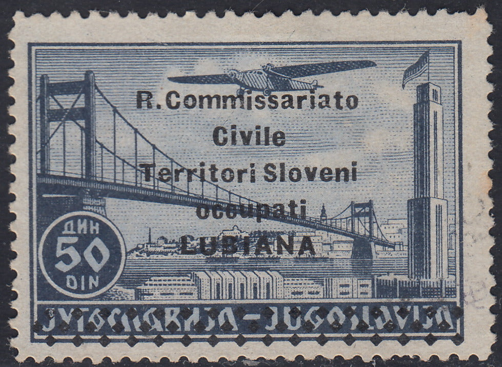 T122 - 1941 - Francobolli di Posta Aerea Jugoslava, 50d. azzurro grigio con soprastampa "R. Commissariato Civile Teritori Sloveni Occupati LUBIANA" e strisce di rombi nuovo con gomma originale (10)