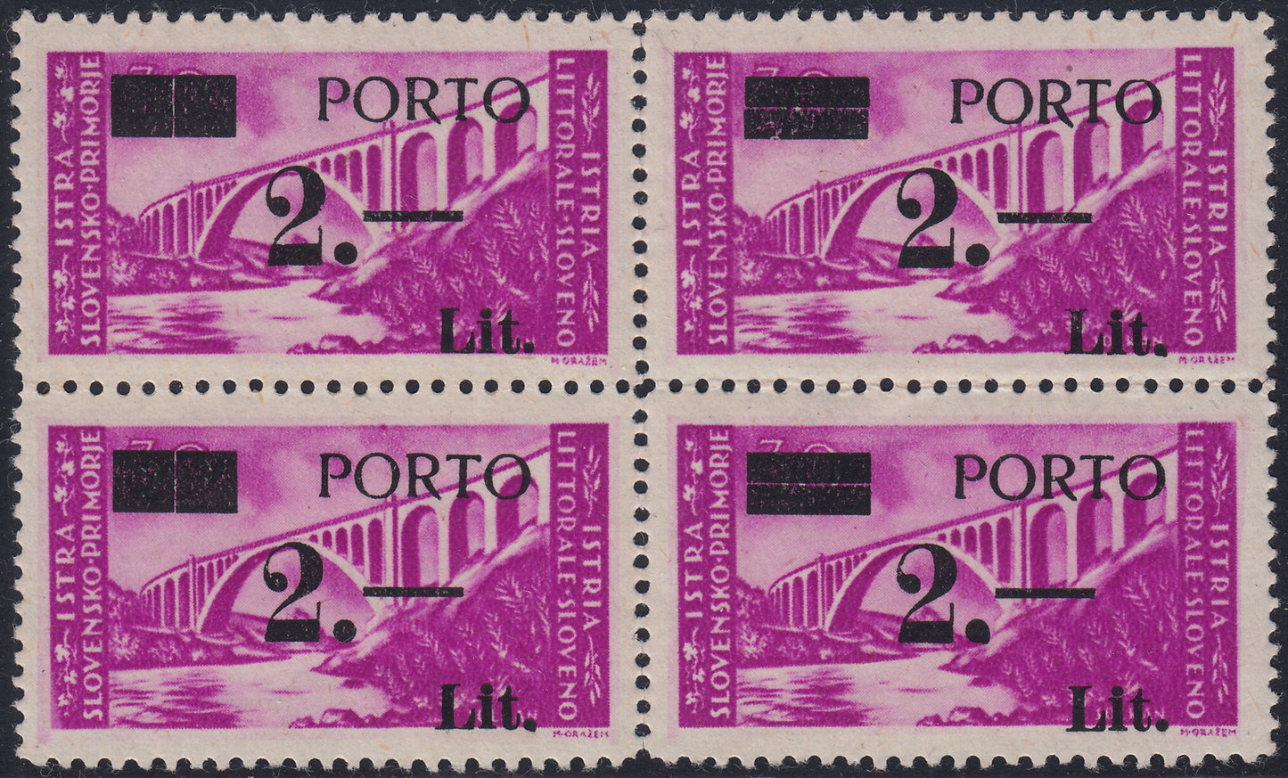 T125 -Tax postage, 2L. on 30c. lilac block of four copies with type II and III plug, new, intact rubber (7/II + 7/III)
