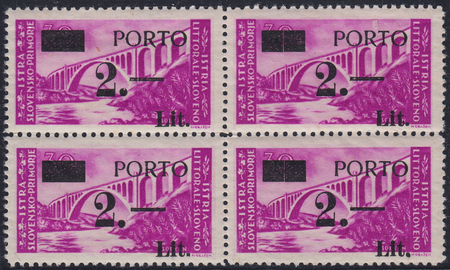 T126 -Tax postage, 2L. on 30c. lilac block of four copies with type I and II plug, new, undamaged rubber (7 + 7/II)