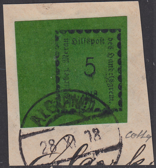 T12 - 1918 - 1st issue, 5 emerald green heller used on fragment with original cancellation (2nd).