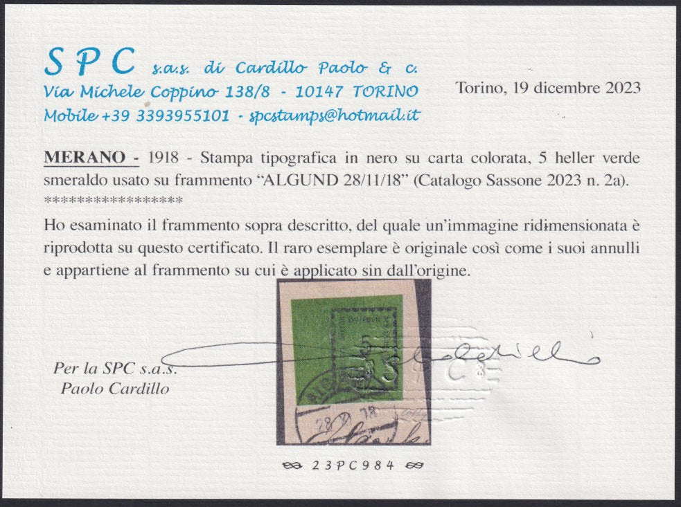 T12 - 1918 - I emissione, 5 heller verde smeraldo usato su frammento con annullo originale (2a).