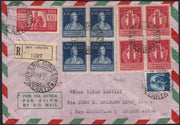 T141 - 1951 - Lettera spedita da San Ginesio per Buenos Aires 22/5/51 affrancata con Democratica L. 5 azzurro + L. 100 carminio vivo + Volta serie completa in blocchi di 4 (13/I+25/I+76+77)